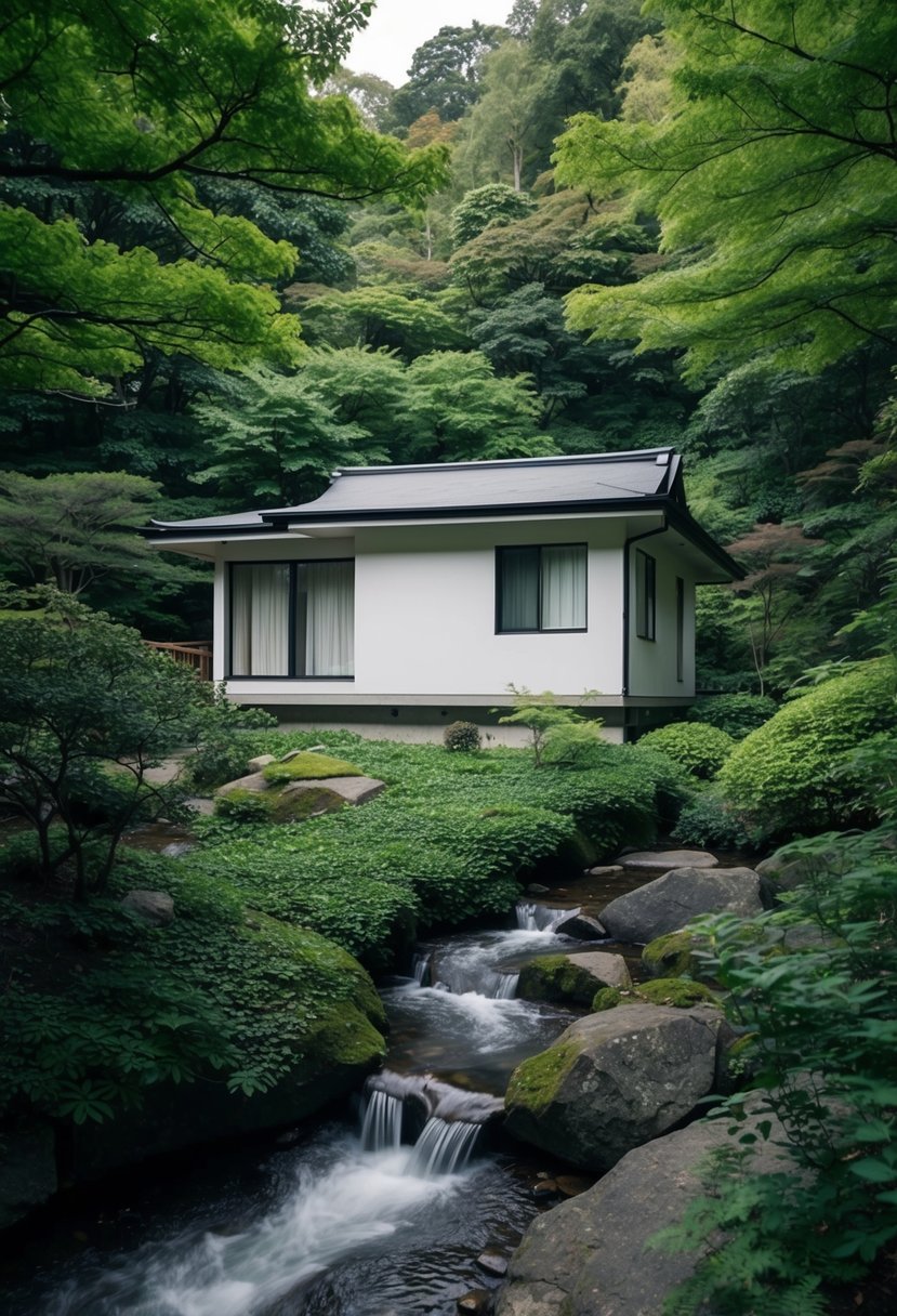 A Japanese minimalist house nestled in a tranquil natural setting, surrounded by lush greenery and a serene, flowing stream