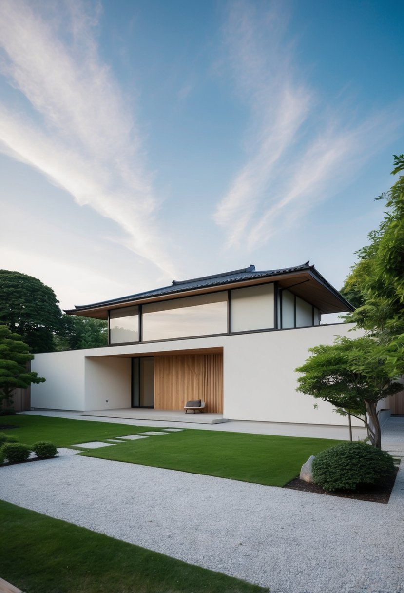 A serene Japanese minimalist house with clean lines, natural materials, and a peaceful garden