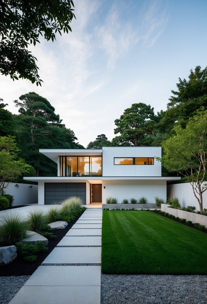 A sleek, modern Japanese minimalist house nestled in a serene suburban sanctuary, surrounded by clean lines, natural materials, and tranquil landscaping