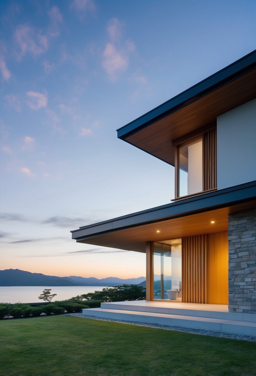 A serene Japanese minimalist house with wood and stone elements exudes contemporary calmness