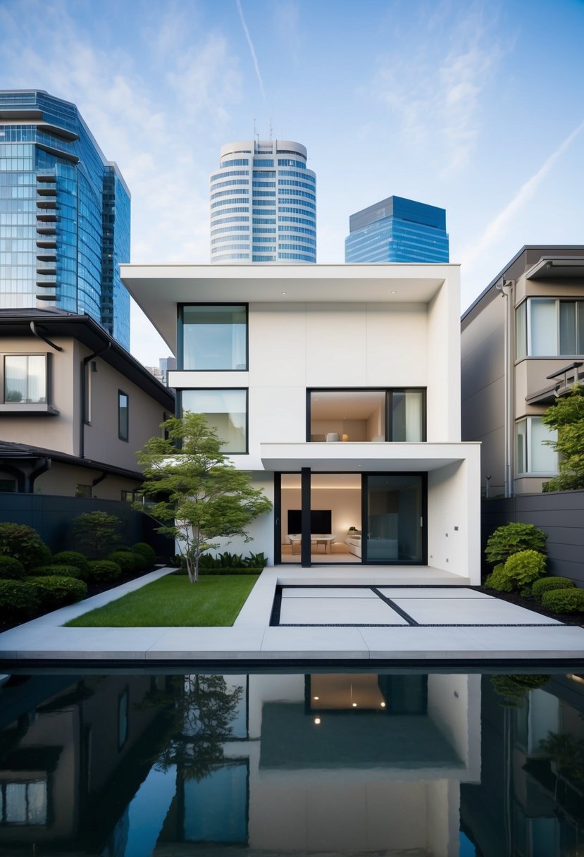 A sleek, minimalist Japanese house nestled among urban skyscrapers, with clean lines, neutral colors, and a serene garden