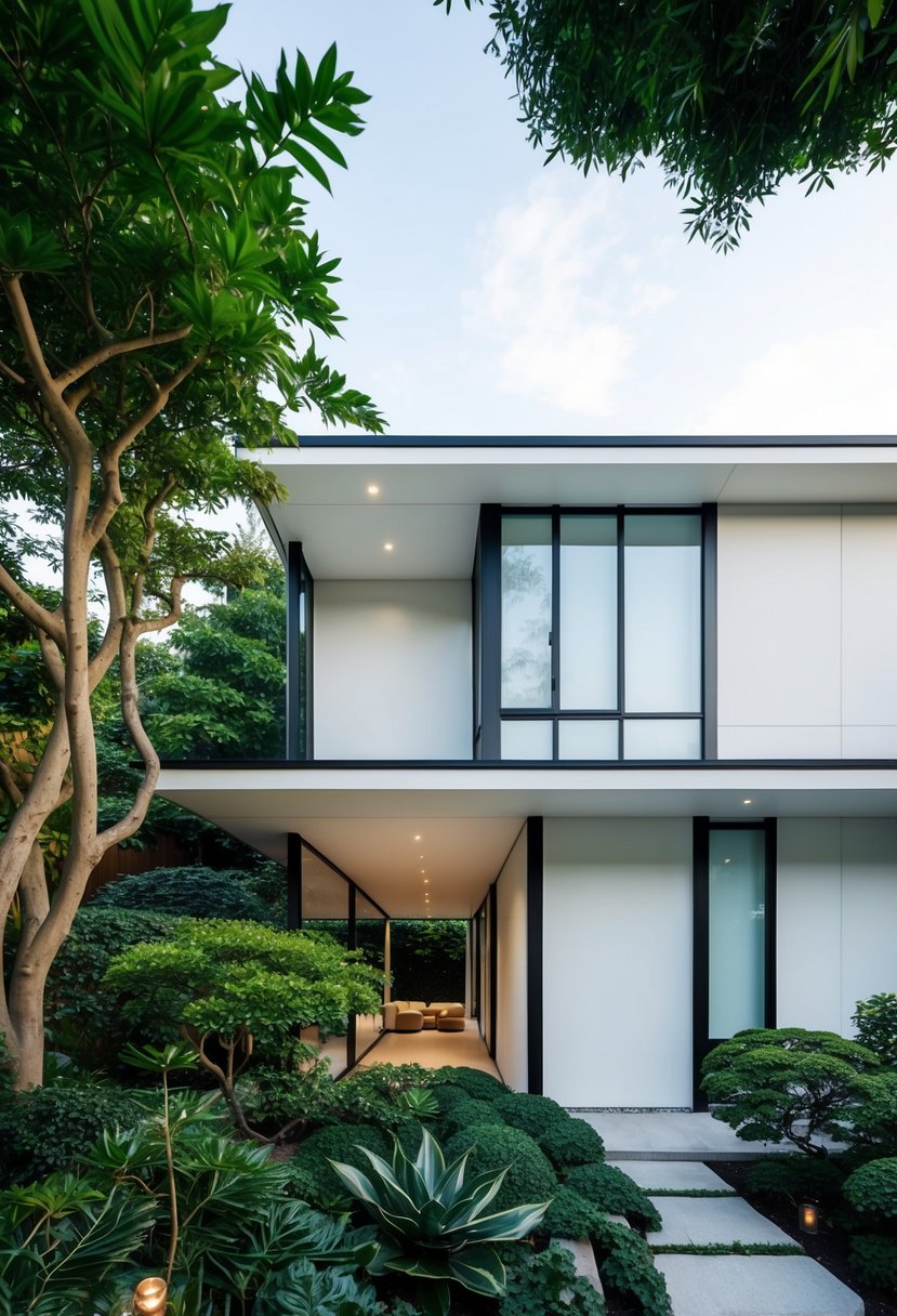 A Japanese minimalist house with sleek lines and large windows, surrounded by lush and carefully curated flora