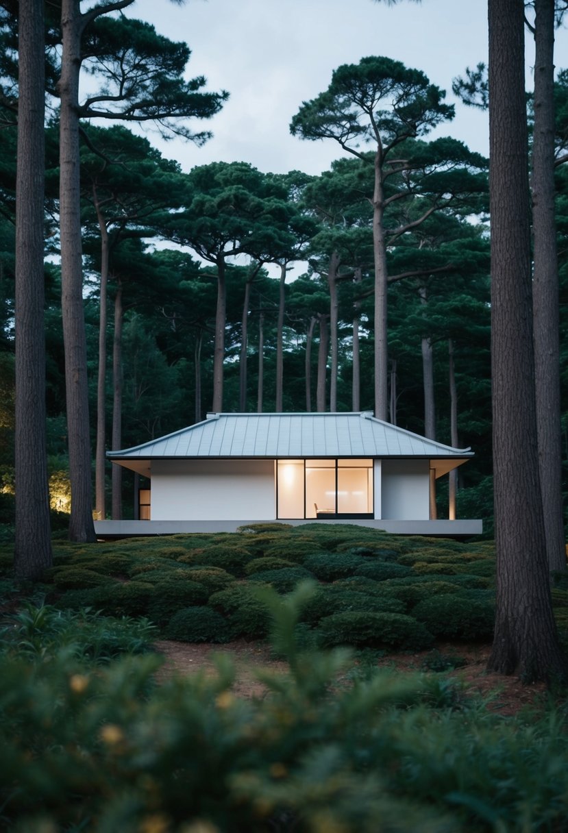 A serene Japanese minimalist house nestled amongst tall trees, exuding harmony and tranquility