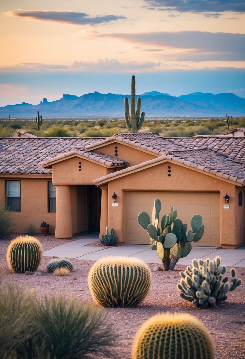 17+ Arizona Home Exteriors: Enhancing Curb Appeal in the Desert Climate 1 A southwestern-style home with adobe walls, clay tile roof, and cacti in the desert landscape of Arizona