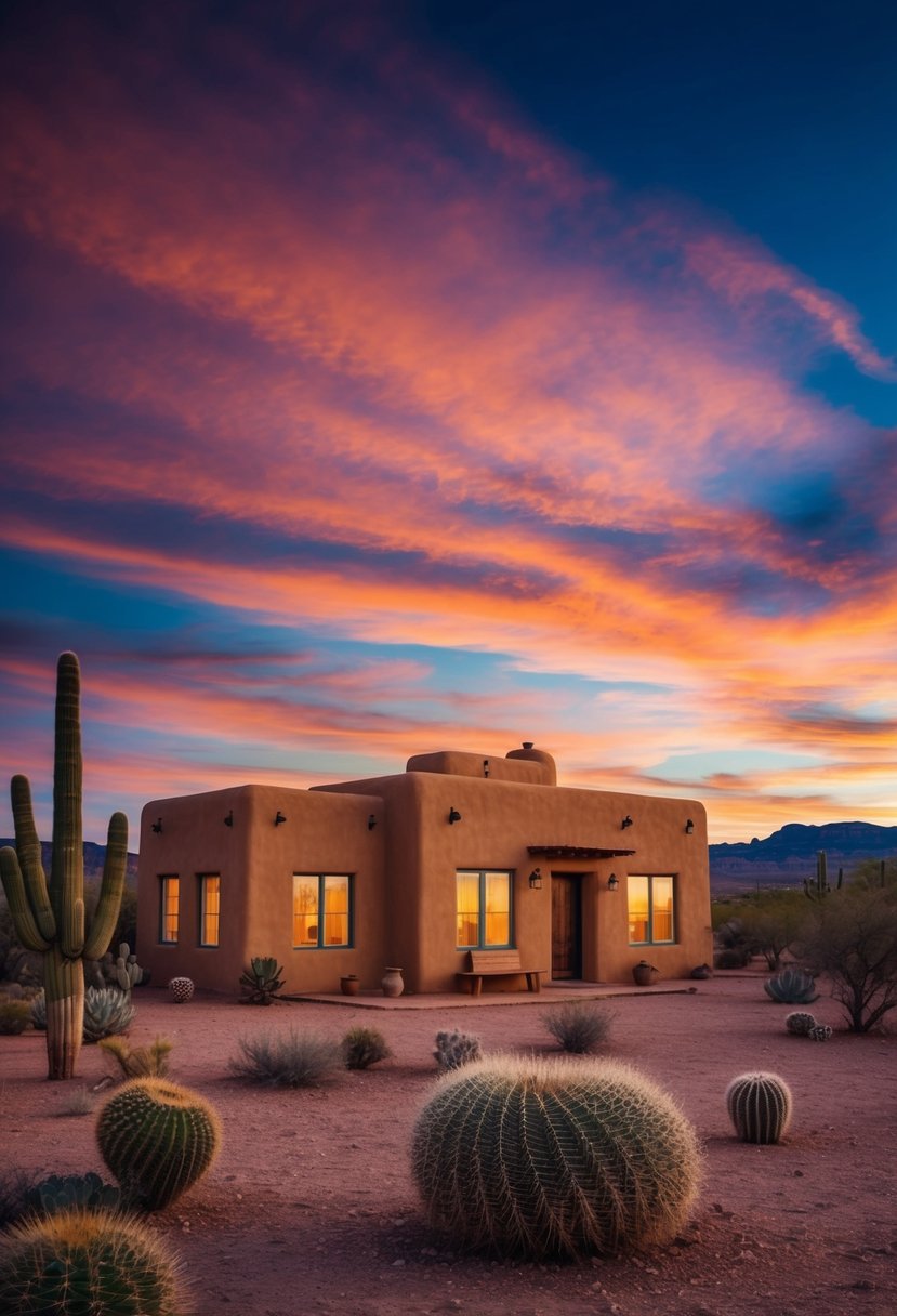 17+ Arizona Home Exteriors: Enhancing Curb Appeal in the Desert Climate 2 A rustic adobe home nestled in the desert, surrounded by cacti and mesas under a vibrant sunset sky
