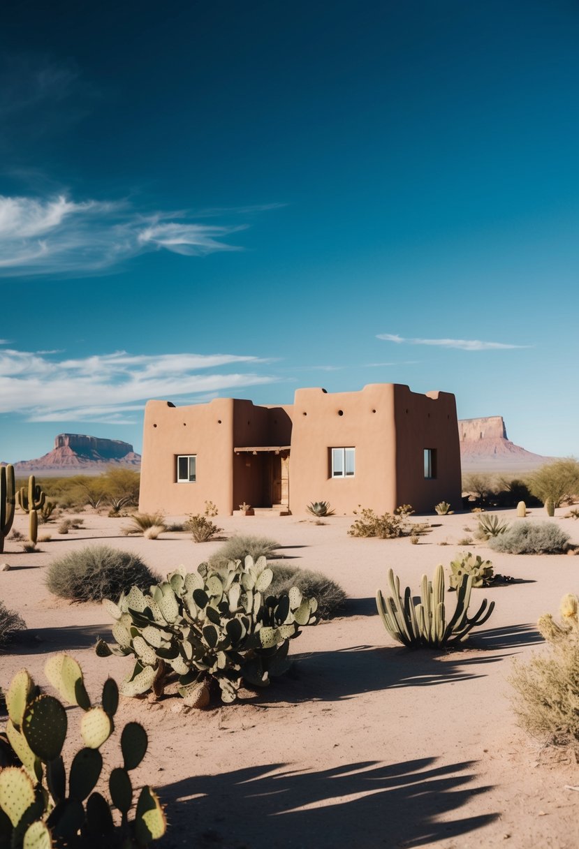 17+ Arizona Home Exteriors: Enhancing Curb Appeal in the Desert Climate 3 A lone adobe house sits in a desert oasis, surrounded by cacti and mesas under a clear blue sky