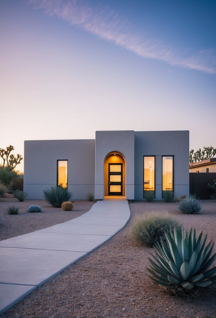 17+ Arizona Home Exteriors: Enhancing Curb Appeal in the Desert Climate 4 A sleek, modern home sits nestled in the Arizona desert, its minimalist design highlighted by an arched entrance and clean lines