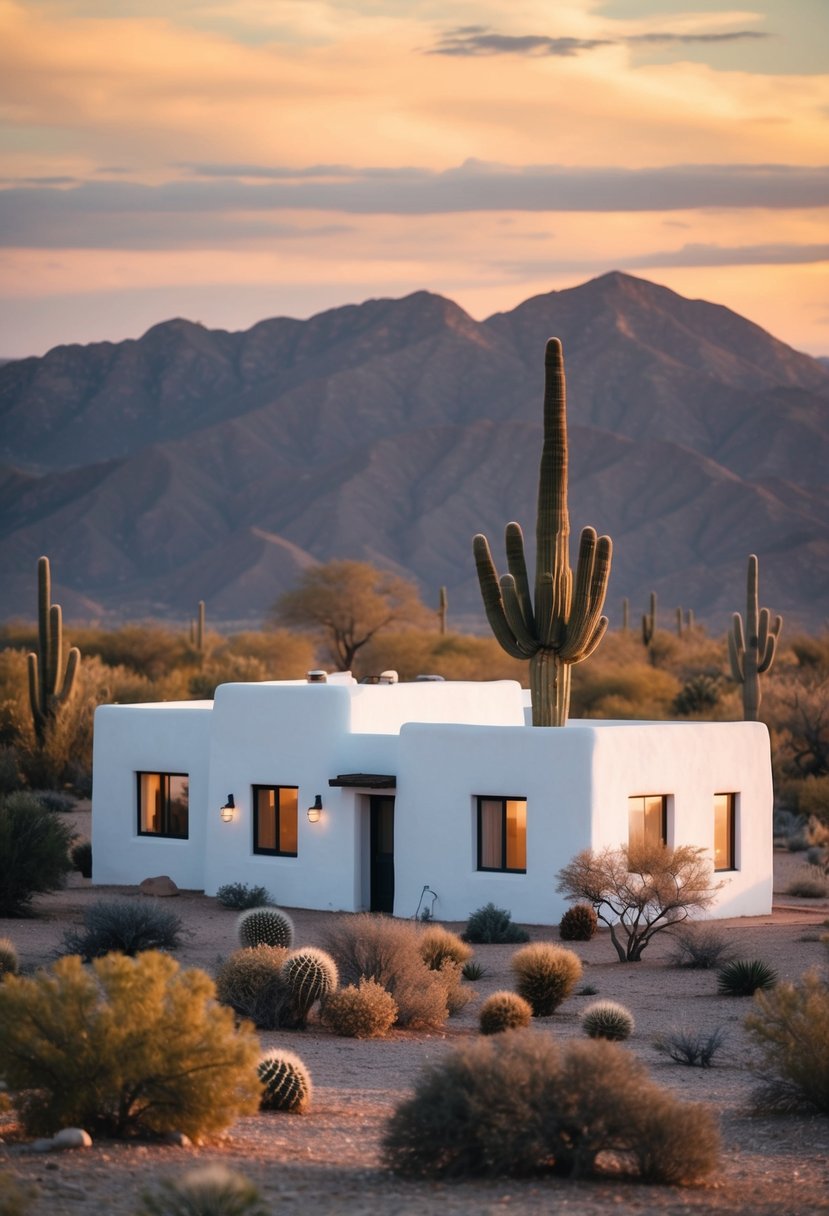17+ Arizona Home Exteriors: Enhancing Curb Appeal in the Desert Climate 5 A desert landscape with a white adobe home bathed in warm sunlight, surrounded by cacti and mountains in the background