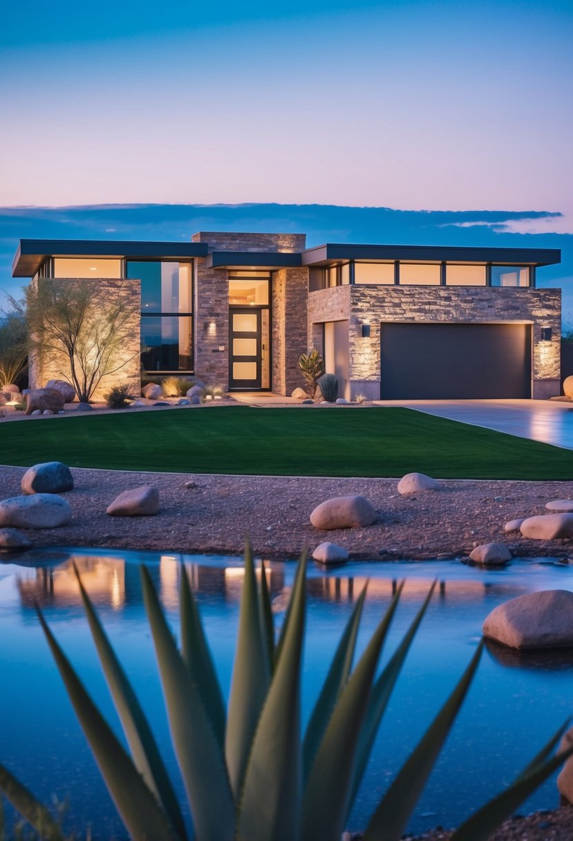 17+ Arizona Home Exteriors: Enhancing Curb Appeal in the Desert Climate 7 A modern Arizona home with stone and glass exterior, set against a backdrop of desert landscape and clear blue sky