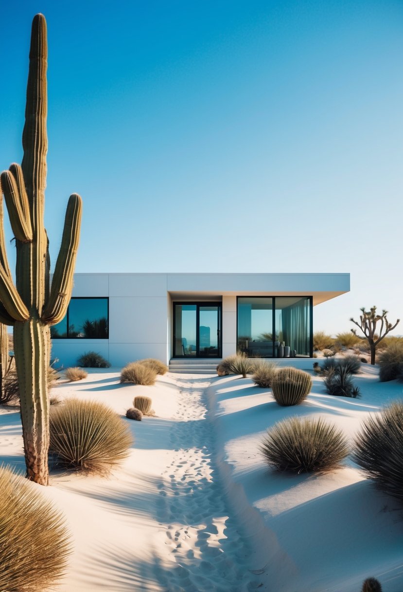 17+ Arizona Home Exteriors: Enhancing Curb Appeal in the Desert Climate 9 A sleek, minimalist desert home with clean lines and large windows, surrounded by cacti and sand dunes under a clear blue sky