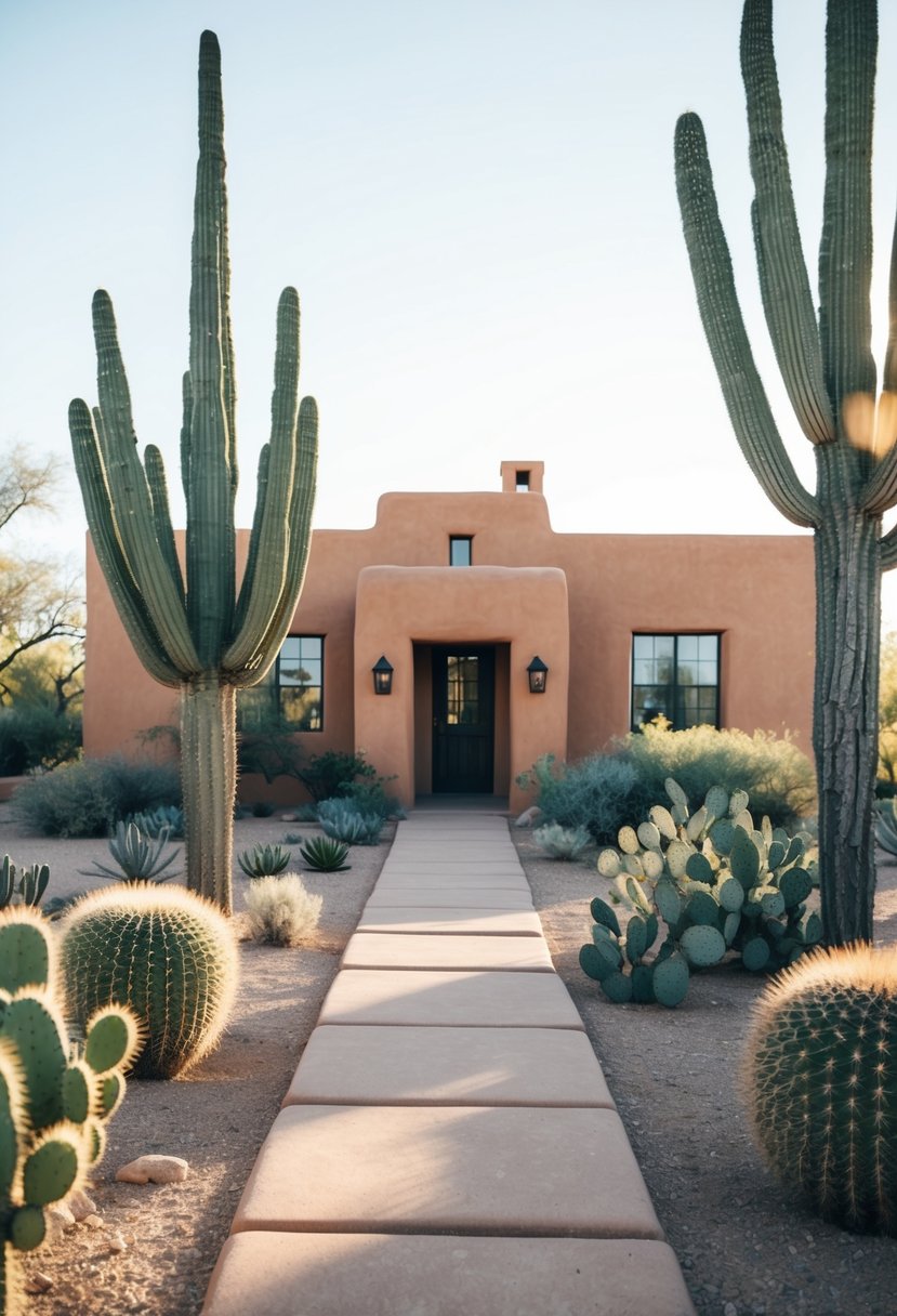 17+ Arizona Home Exteriors: Enhancing Curb Appeal in the Desert Climate 10 A serene desert landscape with a rustic adobe home nestled among cacti and mesquite trees. Warm sunlight bathes the earthy tones of the building and the pathway leading to the entrance