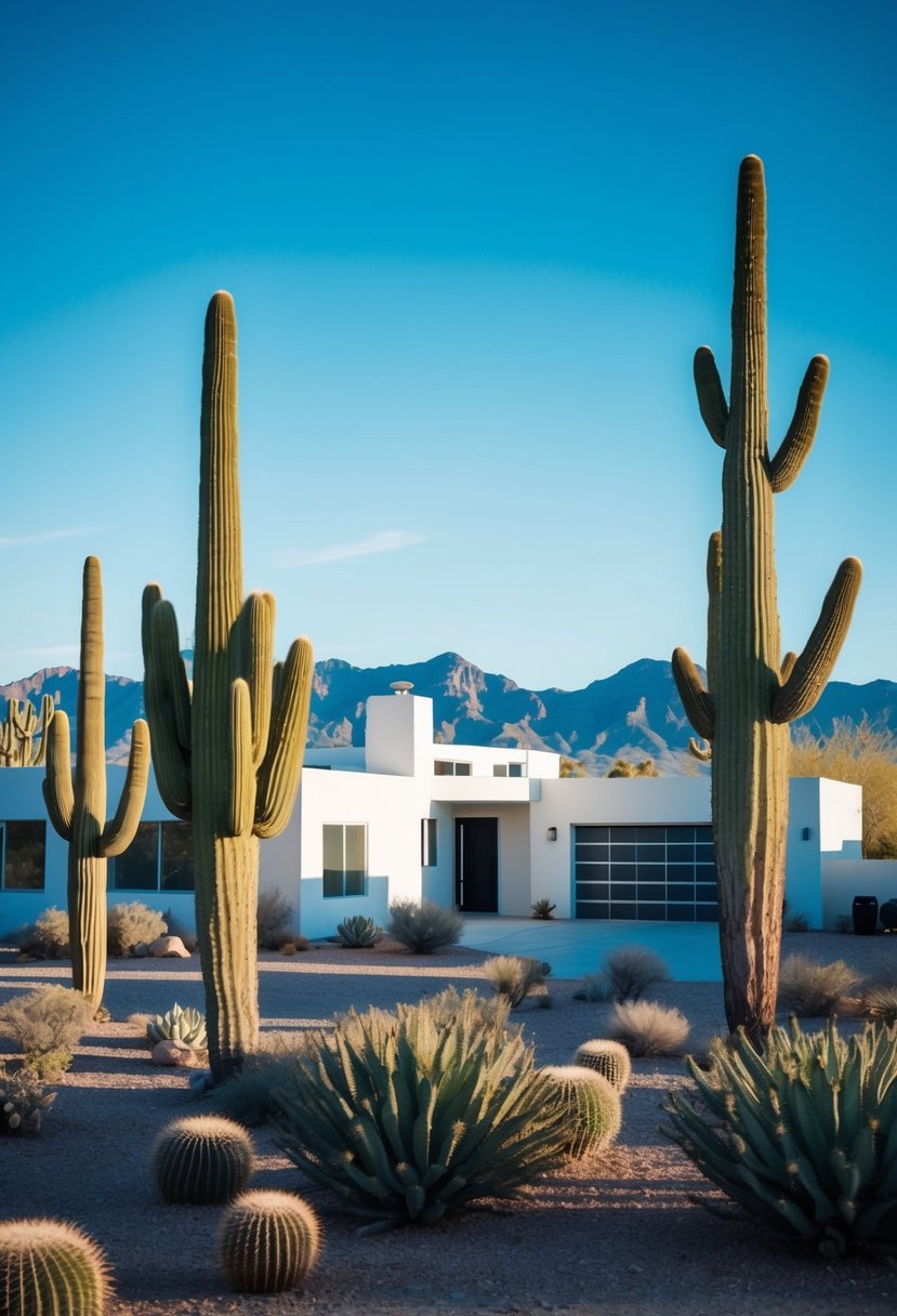 17+ Arizona Home Exteriors: Enhancing Curb Appeal in the Desert Climate 11 A modern Arizona home surrounded by cacti, with a backdrop of desert mountains under a clear blue sky
