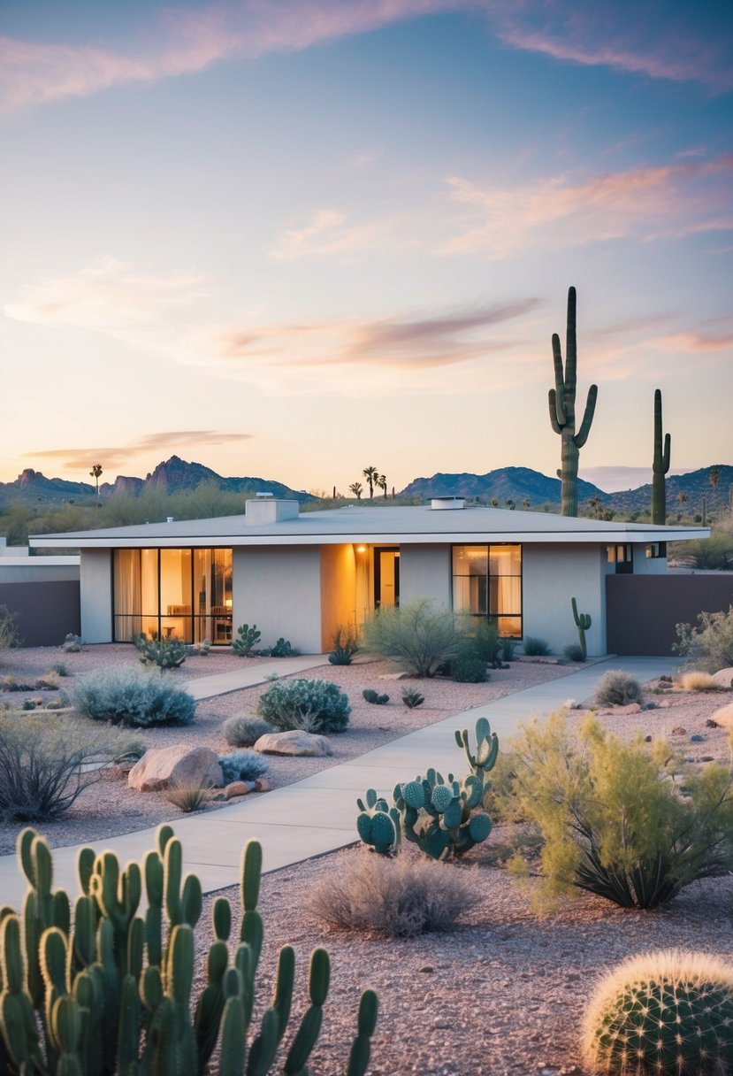 17+ Arizona Home Exteriors: Enhancing Curb Appeal in the Desert Climate 12 A midcentury home in the Arizona desert, with clean lines, flat roof, large windows, and a backdrop of cacti and rocky landscape