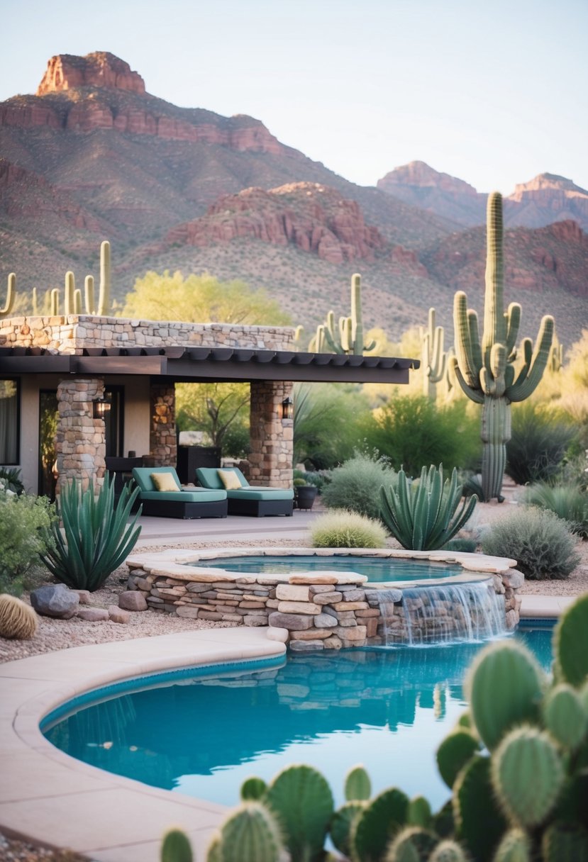 17+ Arizona Home Exteriors: Enhancing Curb Appeal in the Desert Climate 13 A stone-crafted oasis nestled in the Arizona desert, surrounded by cacti and mountains, with a tranquil pool and lush greenery