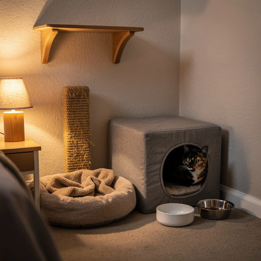 How should you set up a cat-safe base camp in an open home?