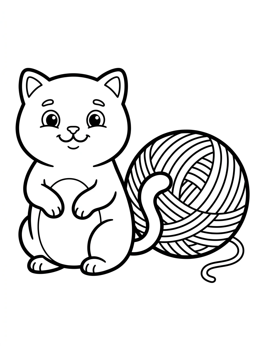 Cat Sitting with a Ball of Yarn Coloring Page