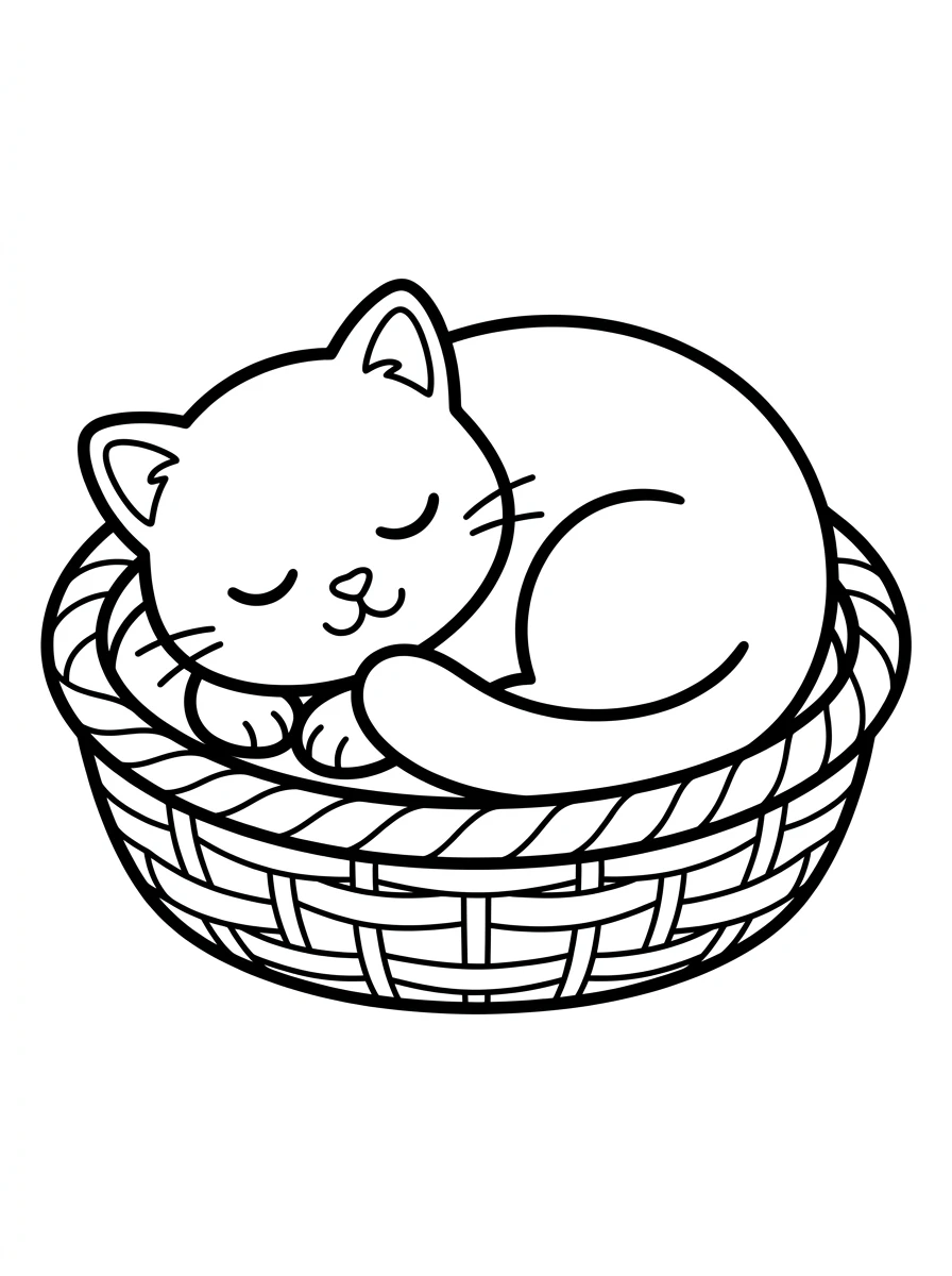 Cat Sleeping in a Cozy Basket Coloring Page