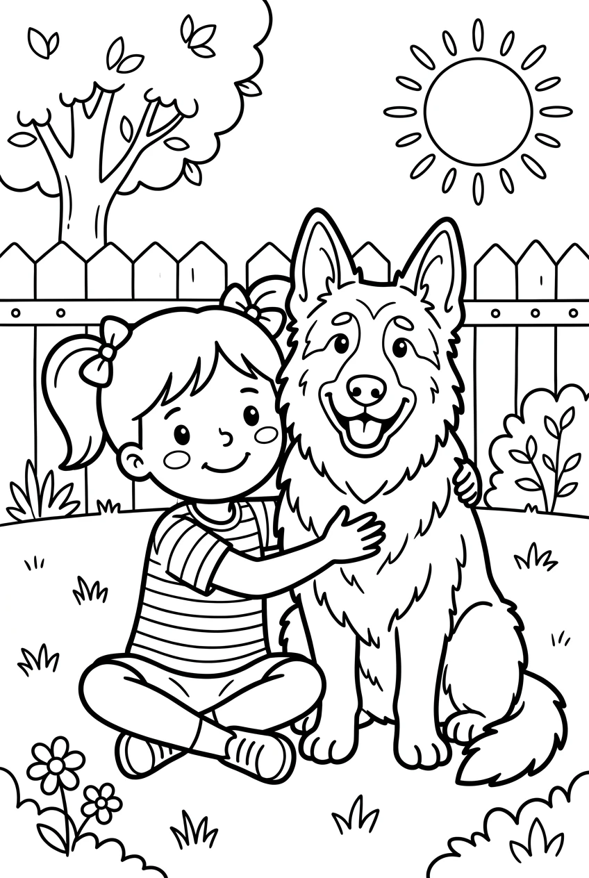 German Shepherd with a Little Girl Coloring Page