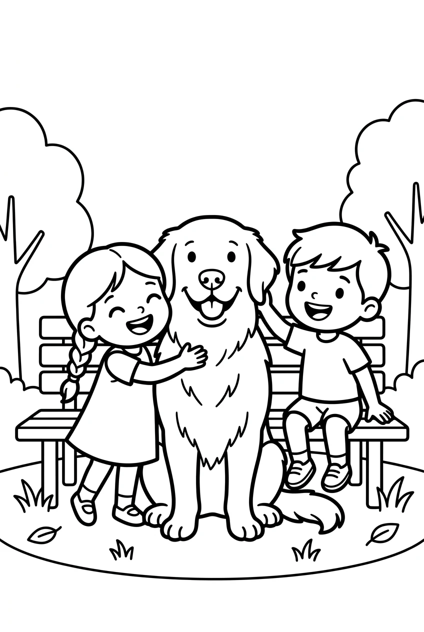 Golden Retriever with Kids Coloring Page Scene