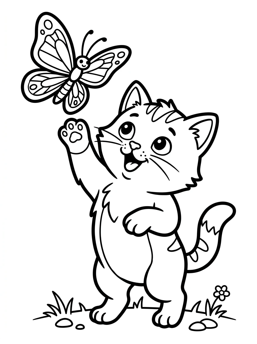 Cat Playing with a Butterfly Coloring Page