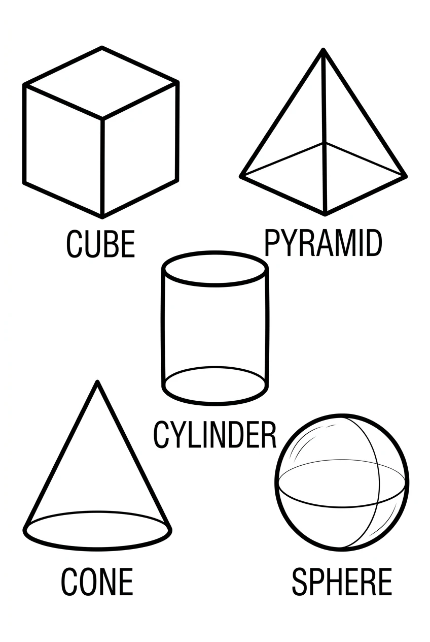 Cute 3D Shapes Coloring Page for Elementary Students