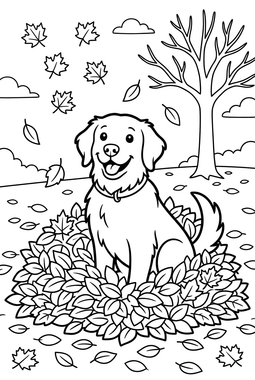 Golden Retriever in Autumn Leaves Coloring Page