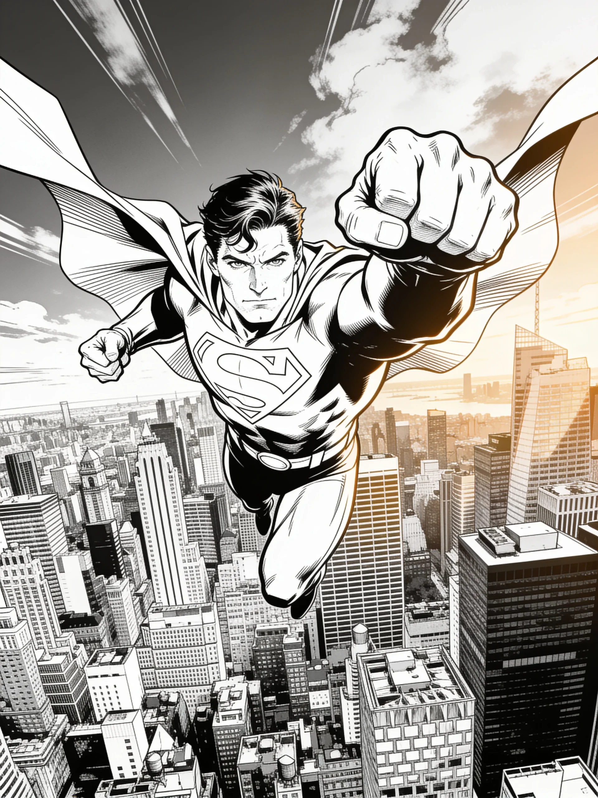 Superhero Flying Through the City Coloring Page