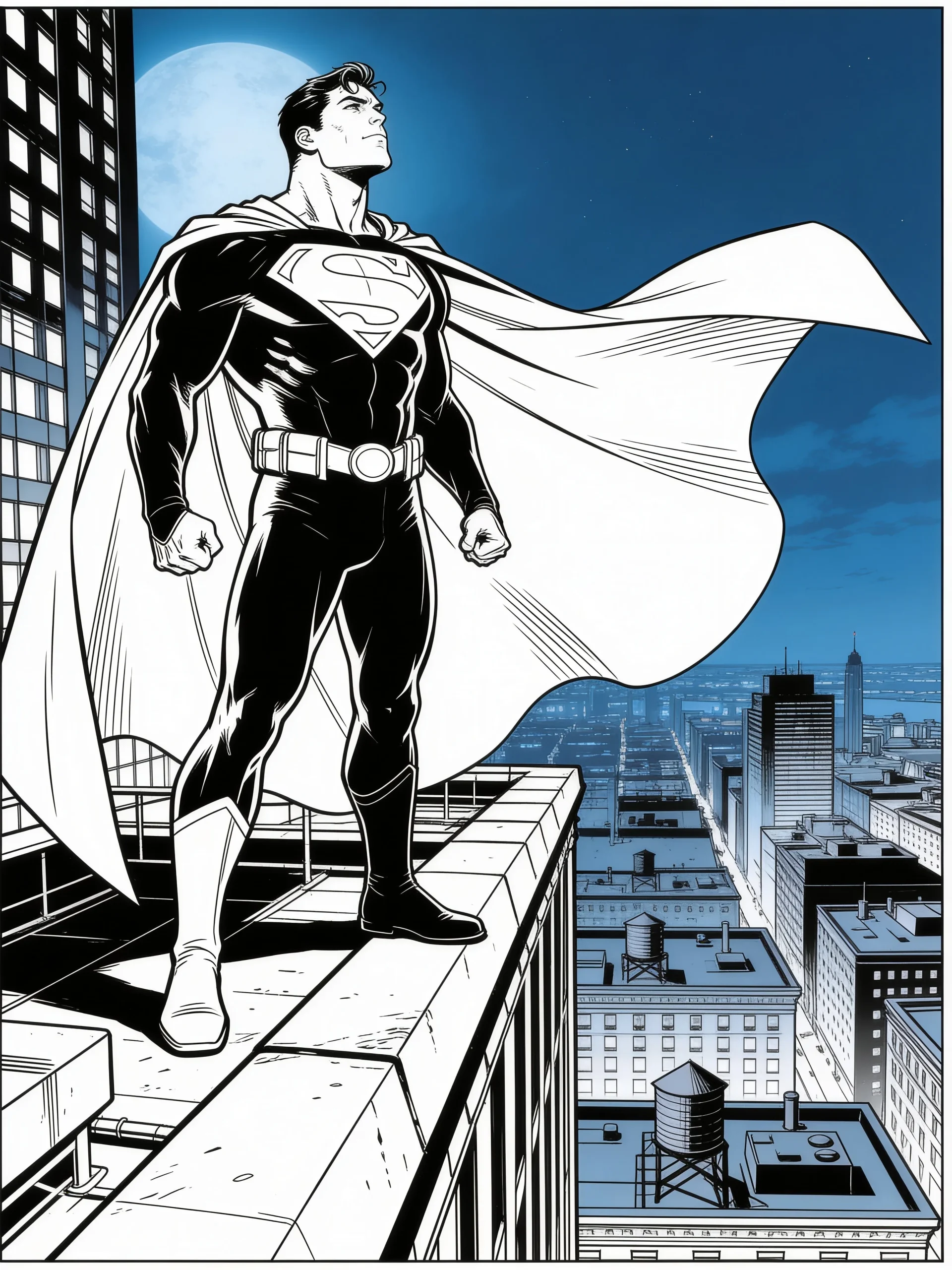 Superhero Standing on Top of a Skyscraper Coloring Page
