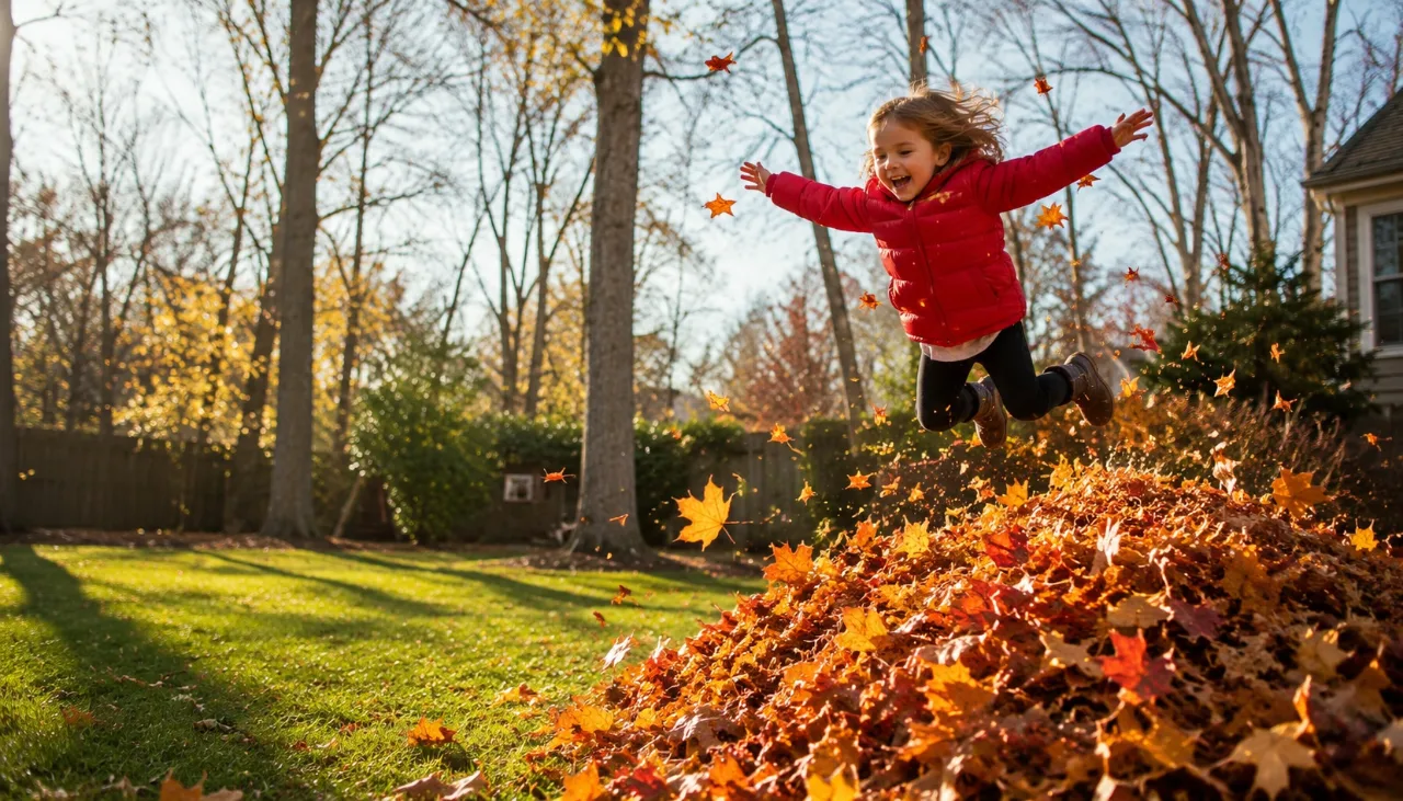 Kids Jumping in a Pile of Fall Leaves Coloring Page