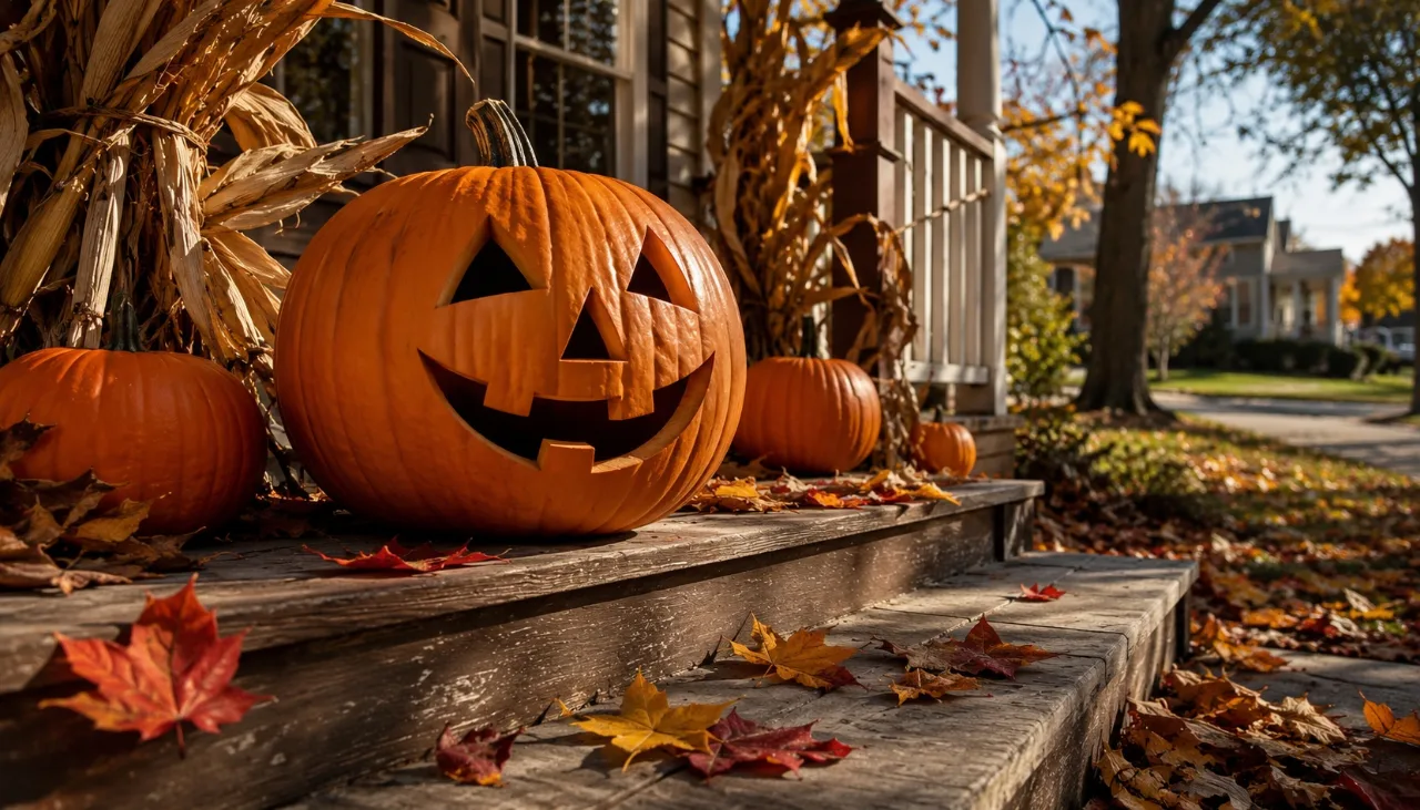 Smiling Pumpkin Sitting on a Porch Coloring Page